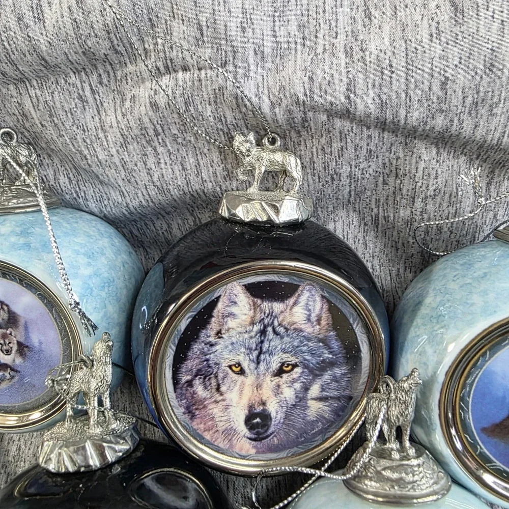 Bradford Editions Wolf Christmas Ornament Set of 5 Pewter Toppers 1997